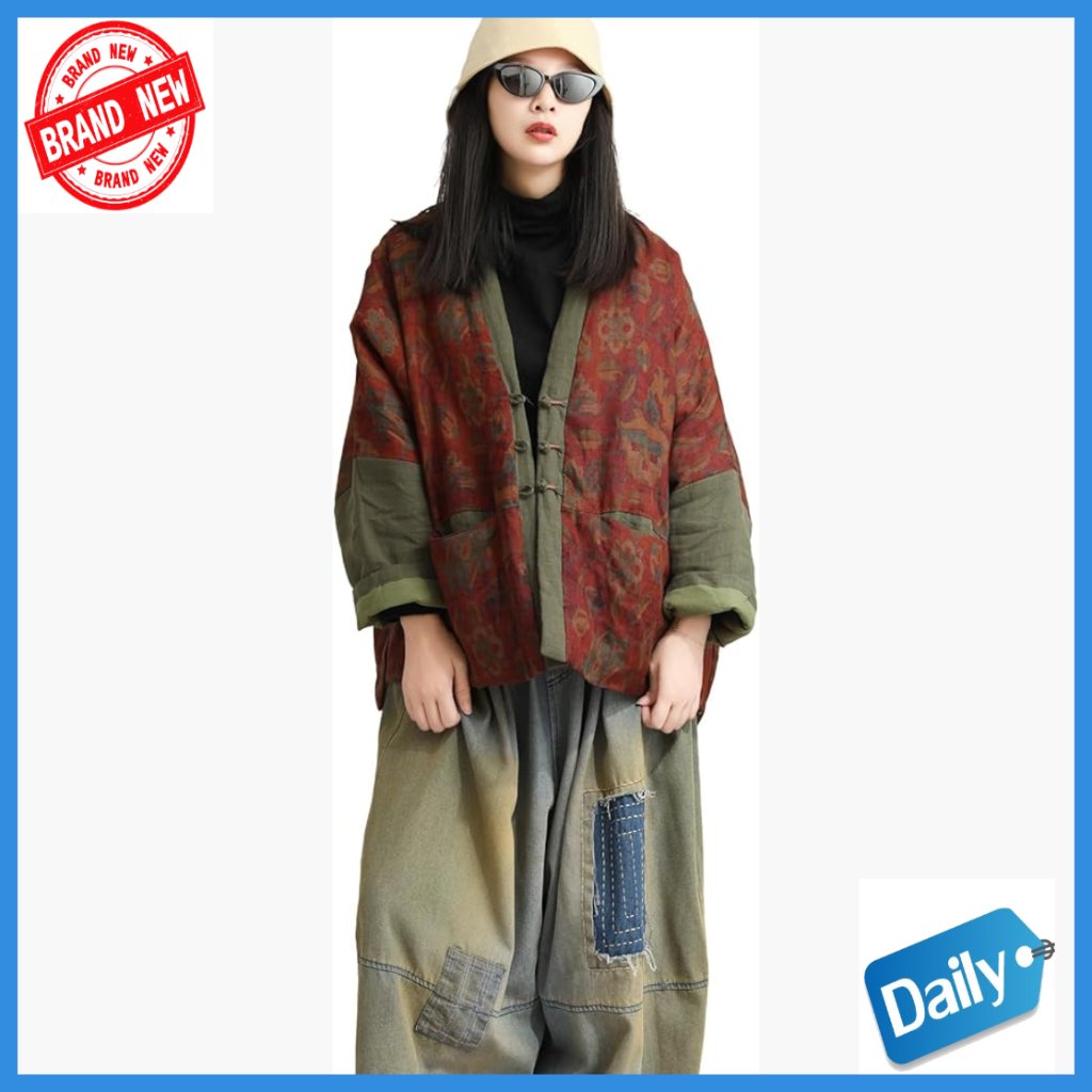 Linen Quilted Kimono Coat, Loose Fit, Long Sleeve, Button Front, Pockets